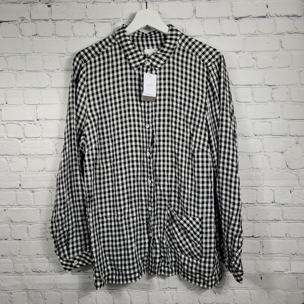 J.Jill Black White Gingham Plaid Long Sleeve Popover Button Down Blouse Top